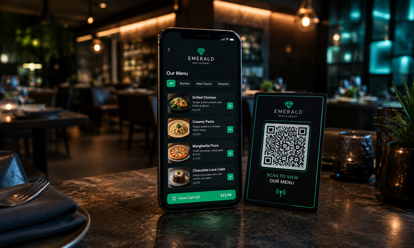 Smart QR Menu digital restaurant system interface showing menu categories, voice search, and food items