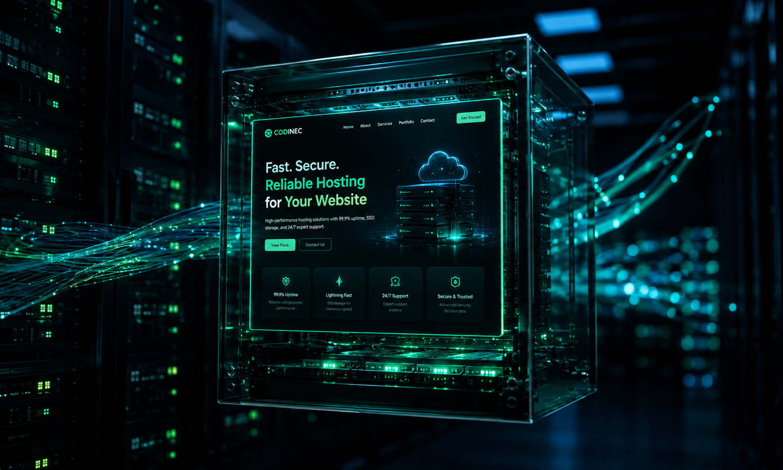 Web hosting server infrastructure showing secure high-performance hosting with backups and SSL